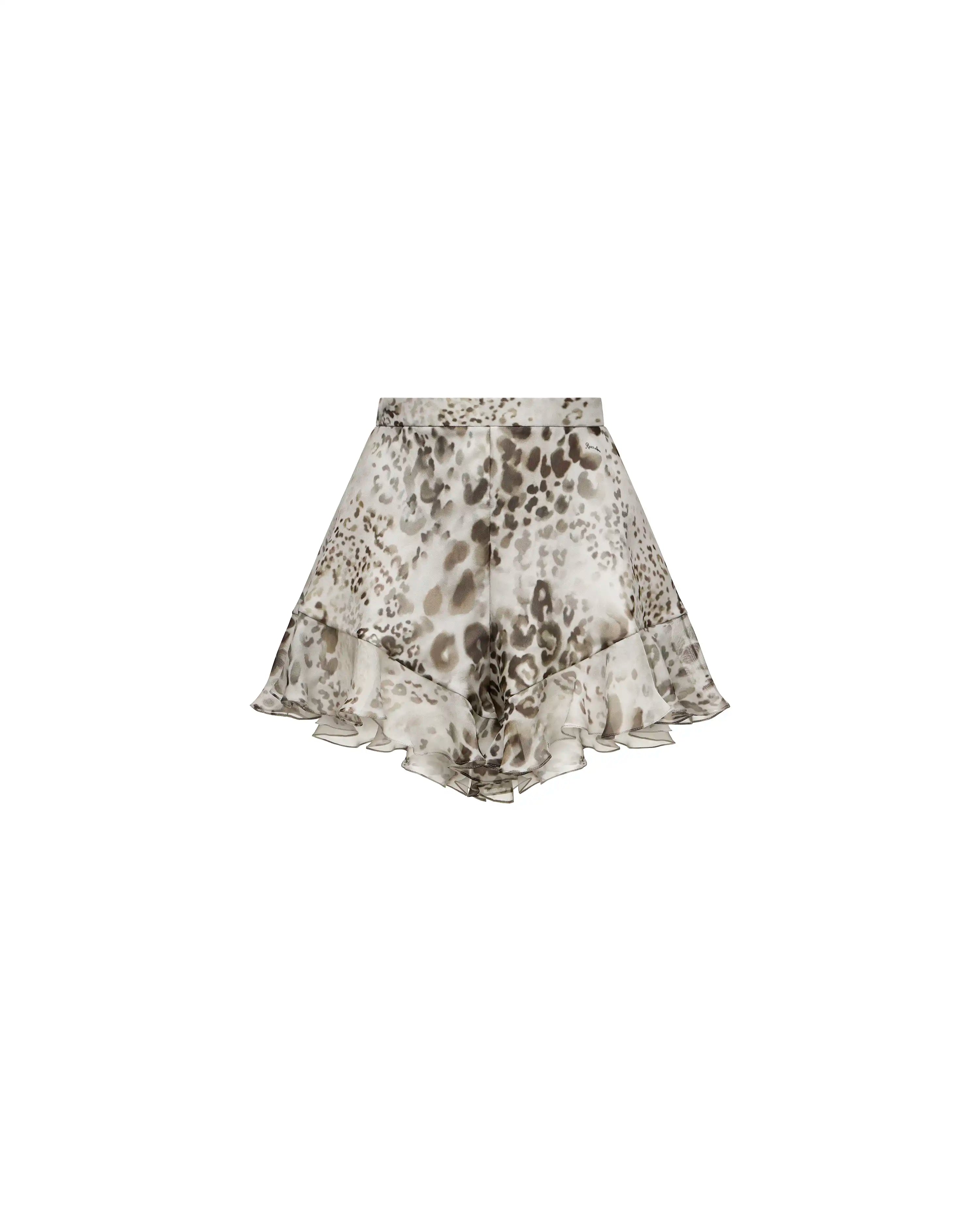 Audrie, ivory chiffon ruffle shorts with animal print