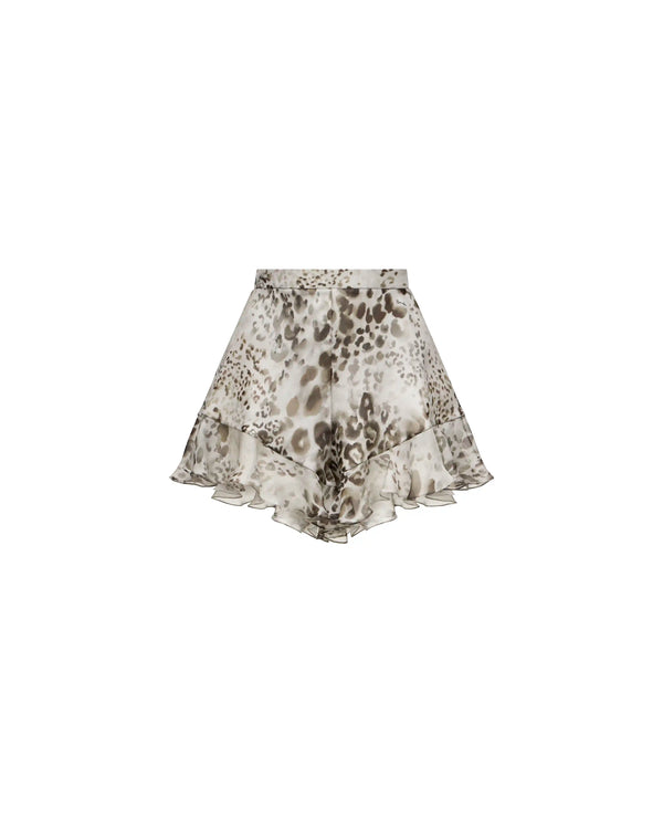Audrie, ivory chiffon ruffle shorts with animal print