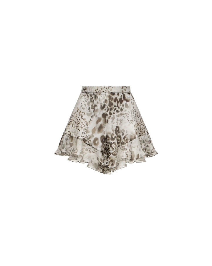 Audrie, ivory chiffon ruffle shorts with animal print