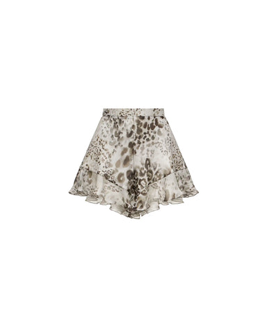 Audrie, ivory chiffon ruffle shorts with animal print