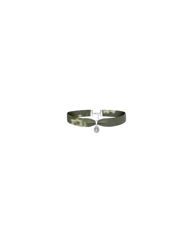 Arin, khaki crepe de chine choker with pendant and ivory flowers