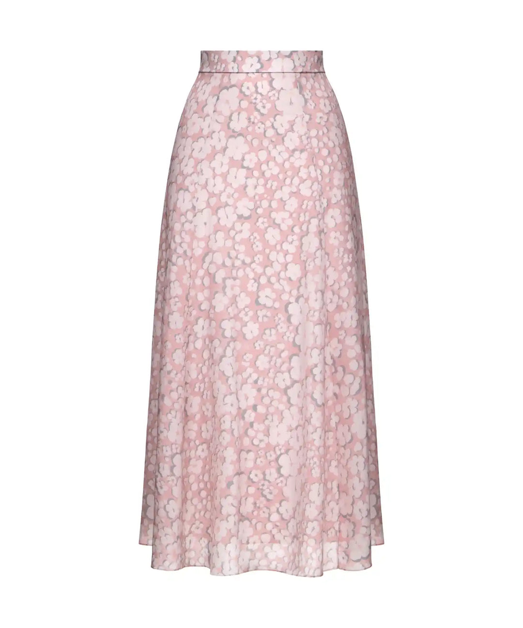 Olivia, pink crepe de chine midi skirt with medium milky flowers