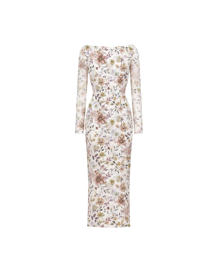 Netty midi, milky mesh midi dress with multicolor floral print