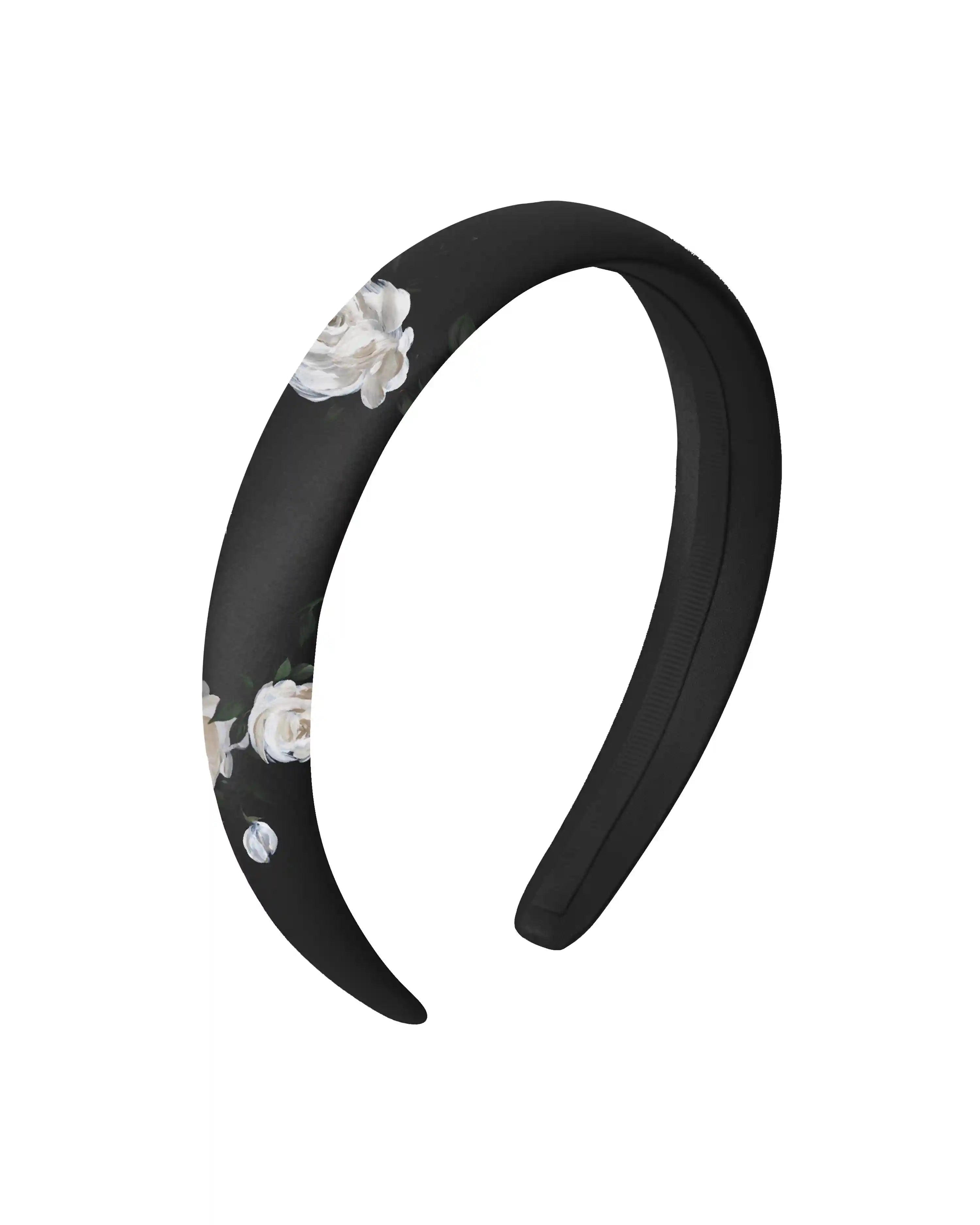 Noemi, children's headband made of black satin with floral print