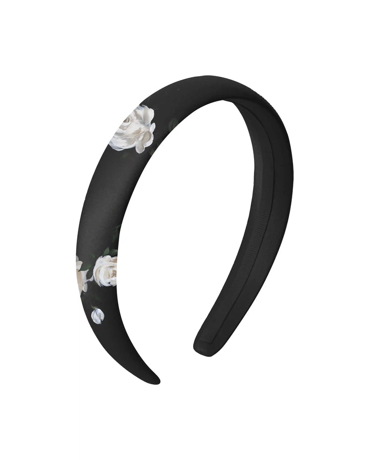 Noemi, children's headband made of black satin with floral print