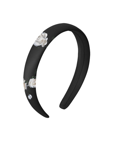 Noemi, children's headband made of black satin with floral print