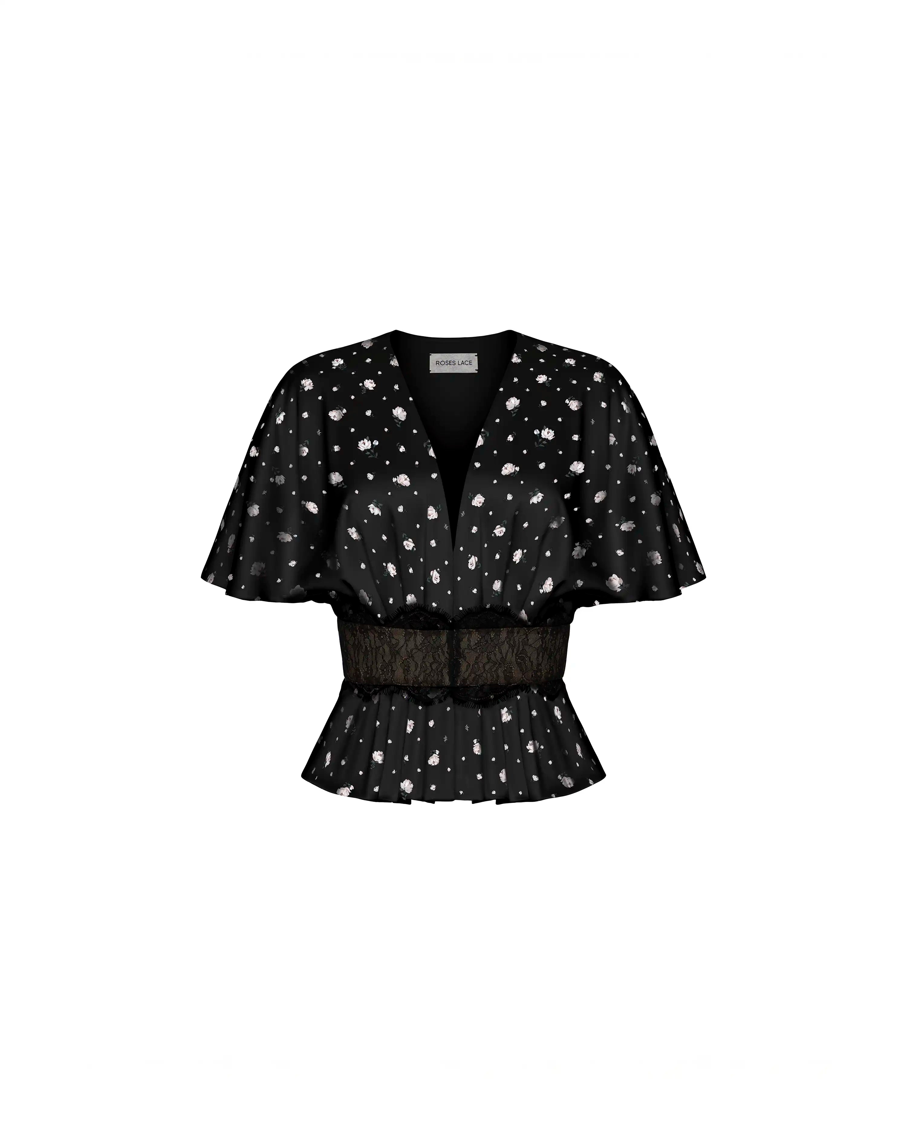 Yasmin, blouse in black satin with a floral print