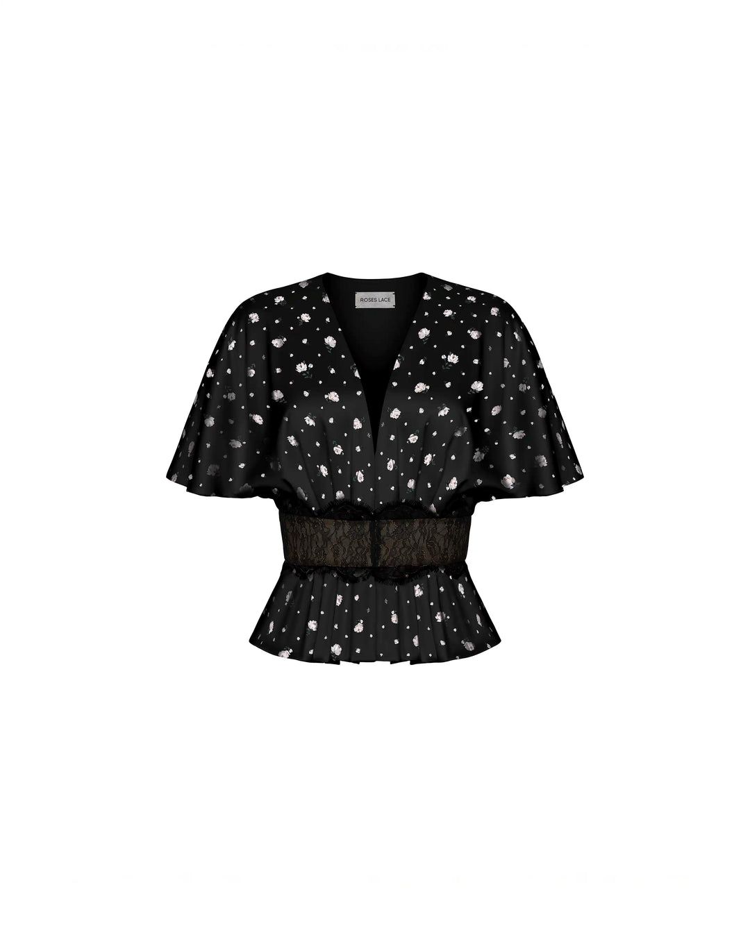 Yasmin, blouse in black satin with a floral print