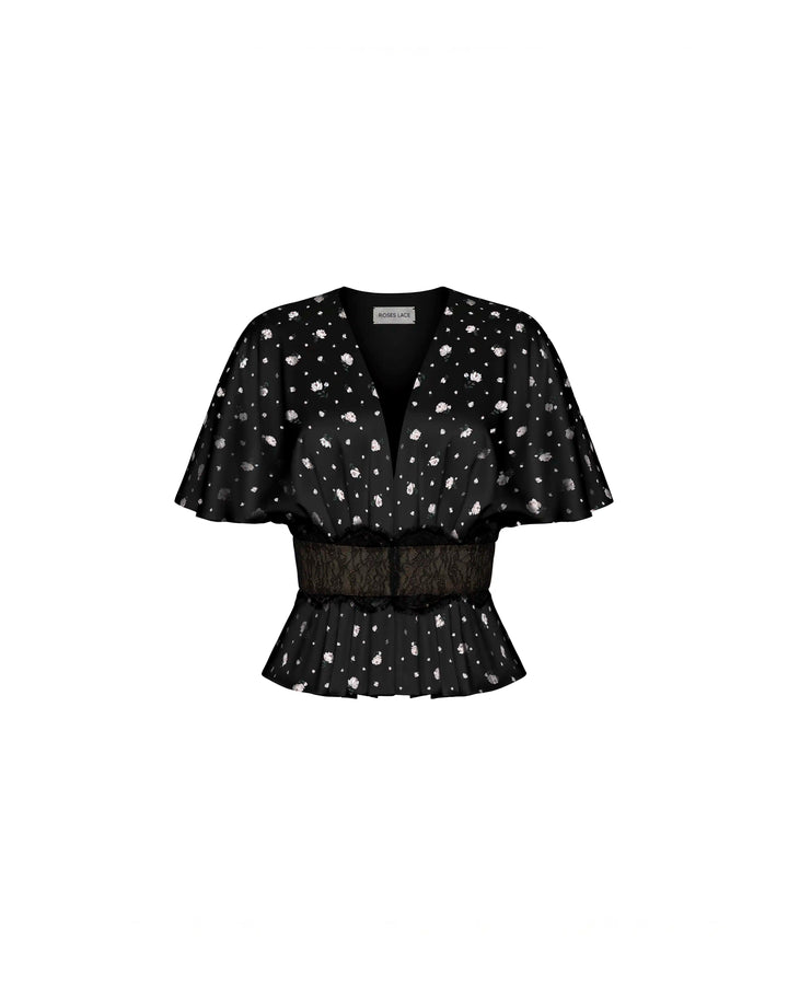Yasmin, blouse in black satin with a floral print