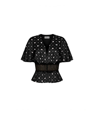 Yasmin, blouse in black satin with a floral print