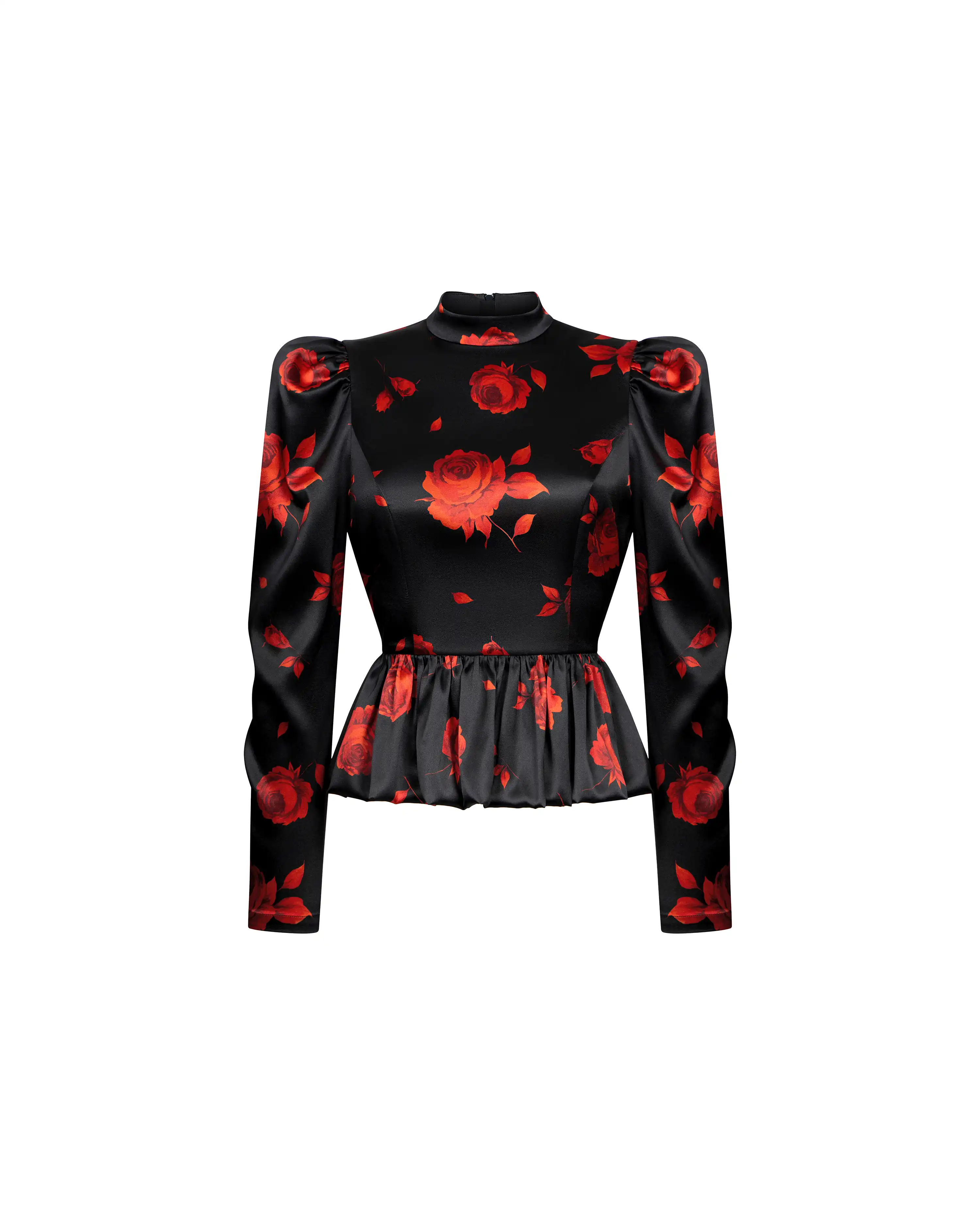 Valisa top, black satin top with a floral print