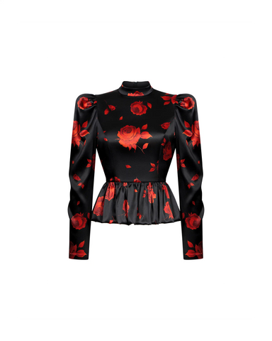 Valisa top, black satin top with a floral print