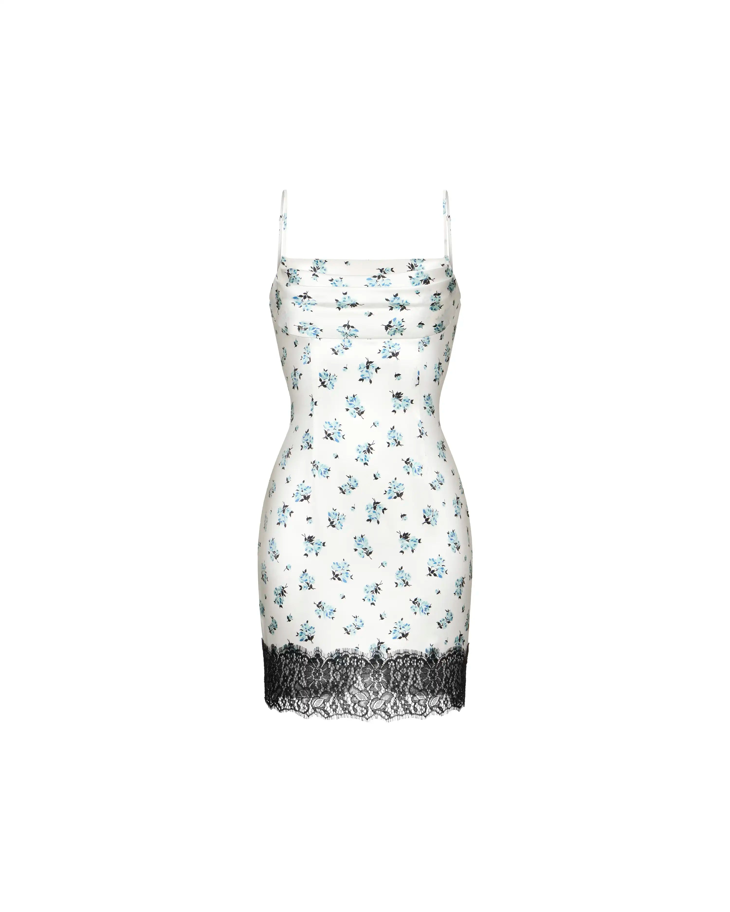 Cassidy mini, milky satin mini dress with a floral print and lace trim
