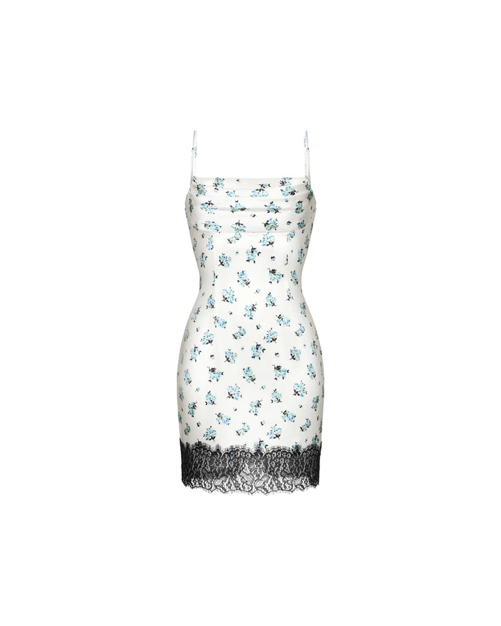 Cassidy mini, milky satin mini dress with a floral print and lace trim