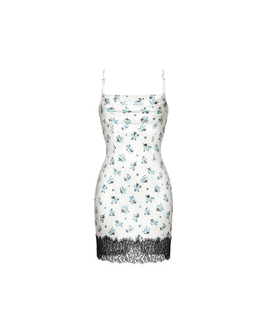 Cassidy mini, milky satin mini dress with a floral print and lace trim