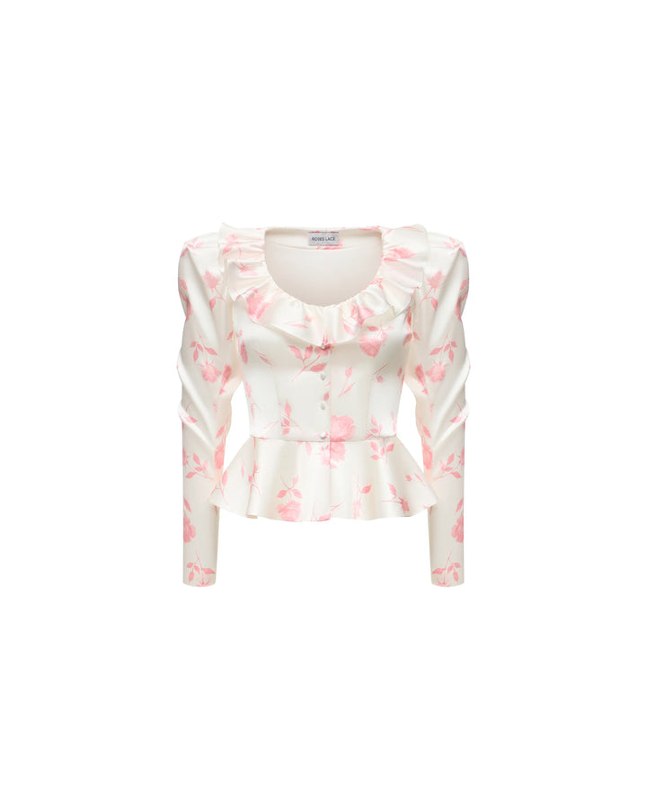 Ri, ivory satin jacket with medium light pink flowers