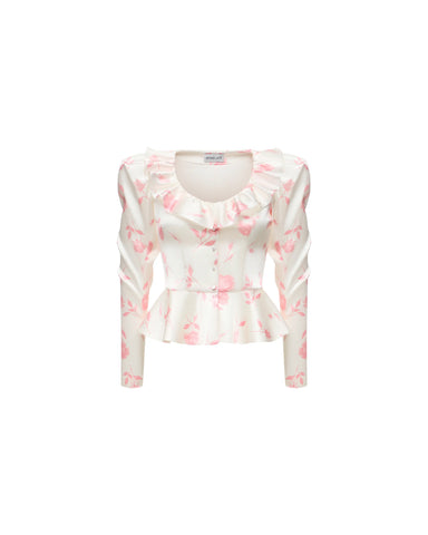 Ri, ivory satin jacket with medium light pink flowers