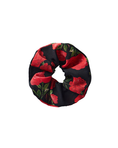Bruna, scrunchie in black crepe de chine with red rose print