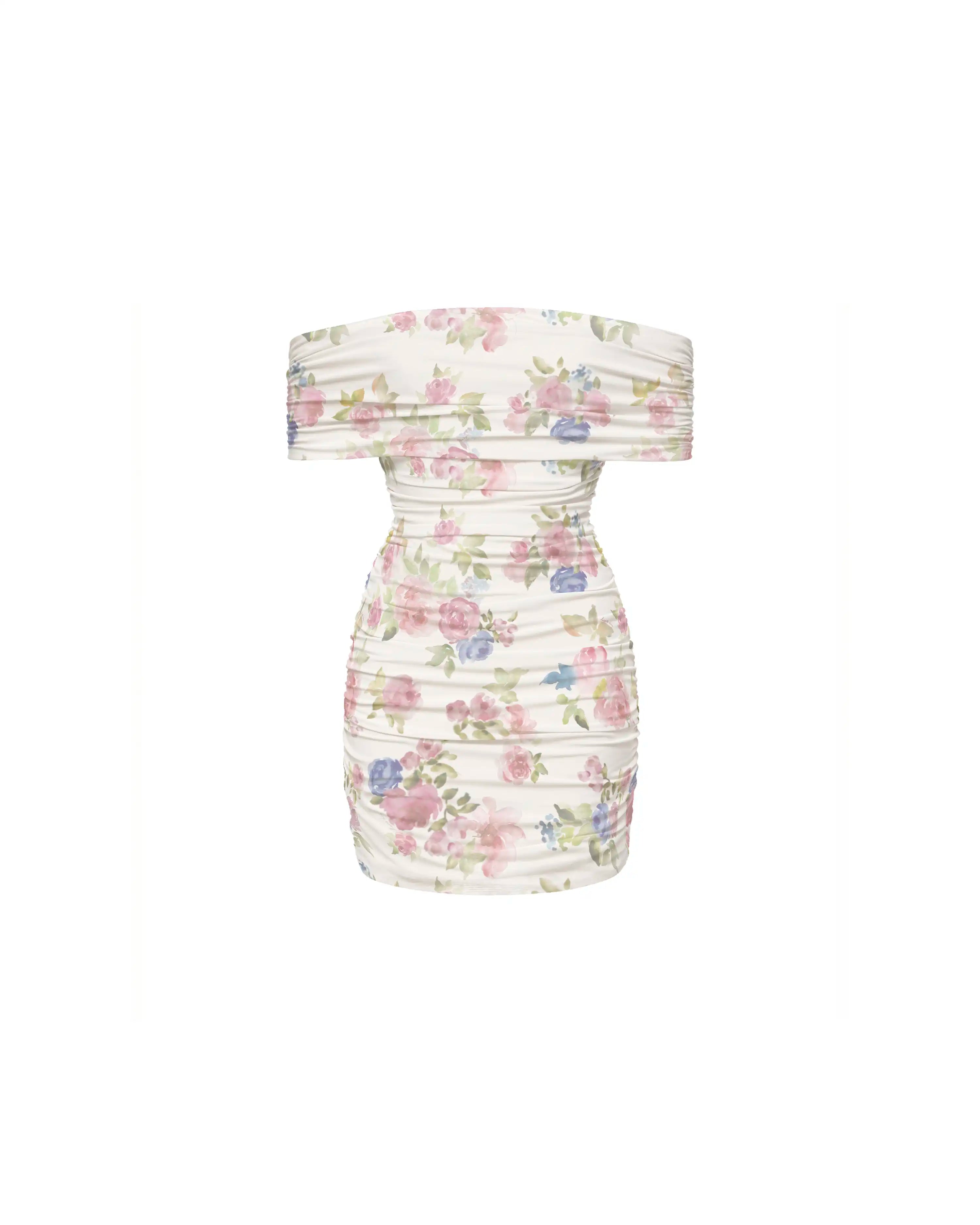 Iren mini, milky mesh mini dress with a floral print