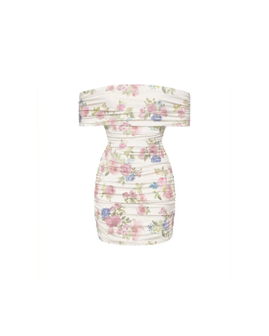 Iren mini, milky mesh mini dress with a floral print