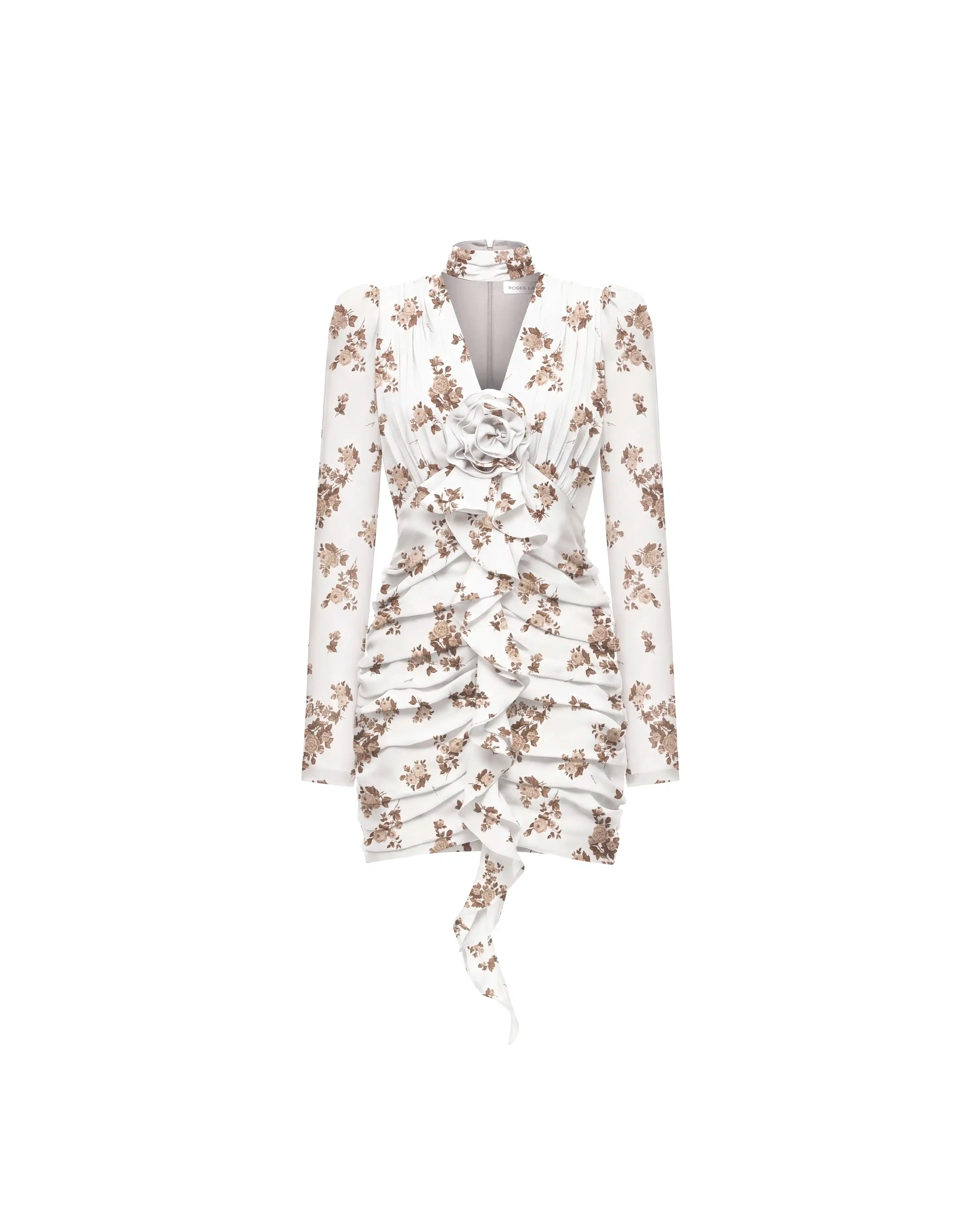 Vienna mini, ivory chiffon mini dress with brown flowers