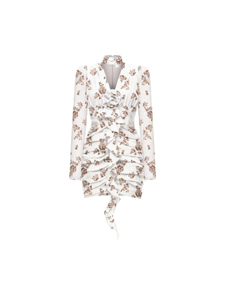 Vienna mini, ivory chiffon mini dress with brown flowers