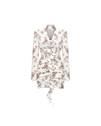 Vienna mini, ivory chiffon mini dress with brown flowers