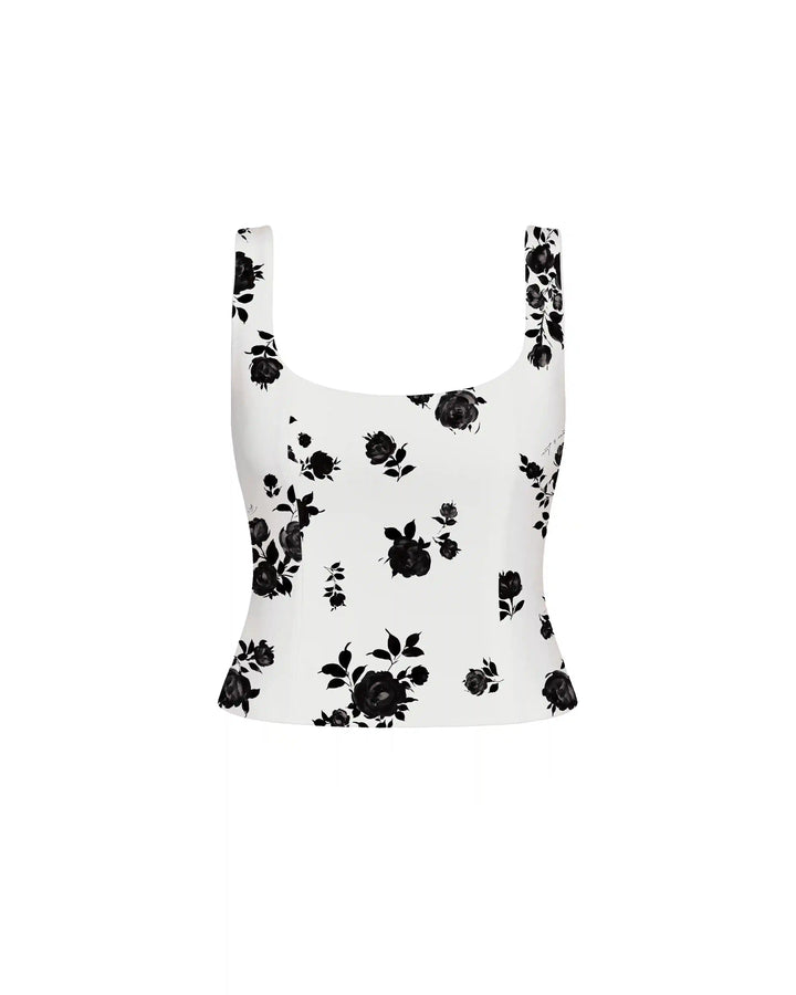 Lee top, corset top with straps made of ivory crepe de chine with floral print