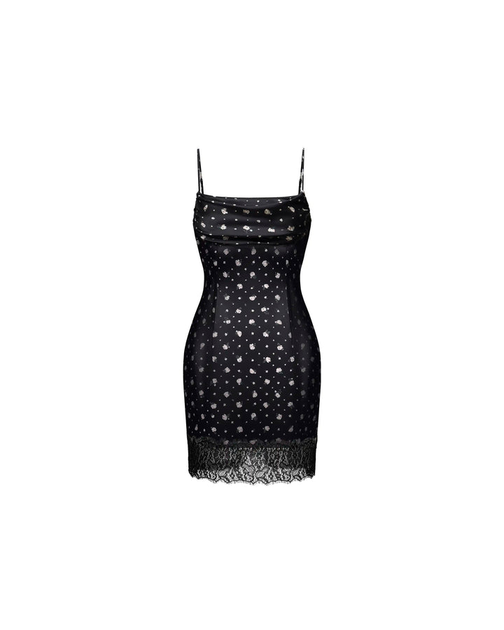 Cassidy mini, mini dress in black satin with a floral print