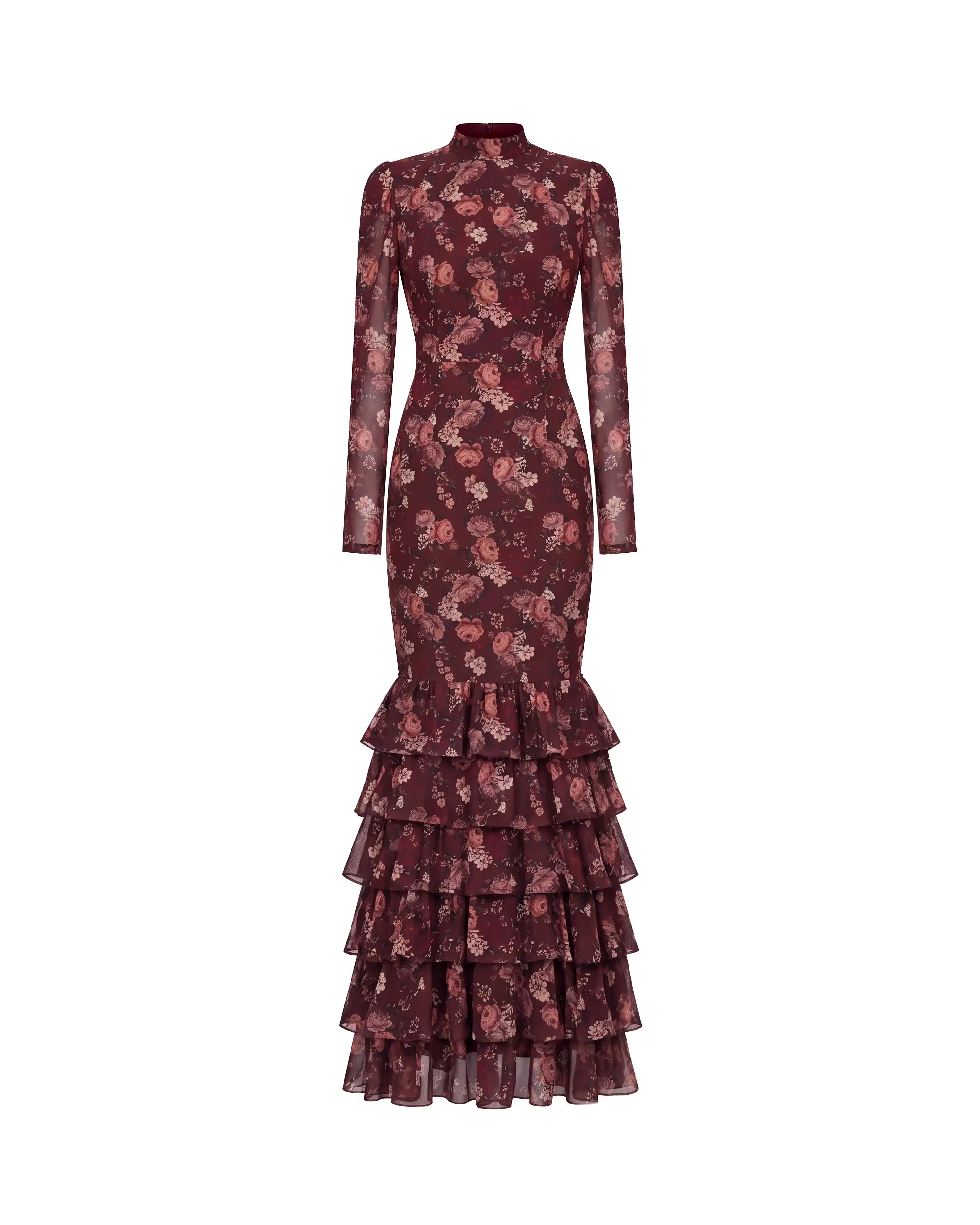 Rula maxi, burgundy chiffon maxi dress with multicolor flowers