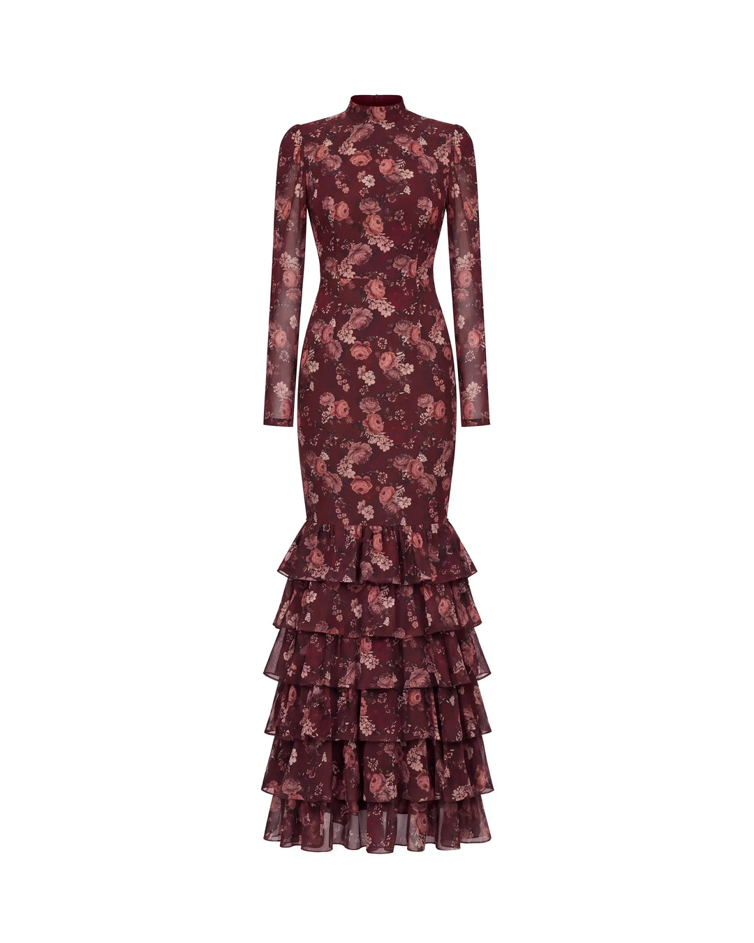 Rula maxi, burgundy chiffon maxi dress with multicolor flowers