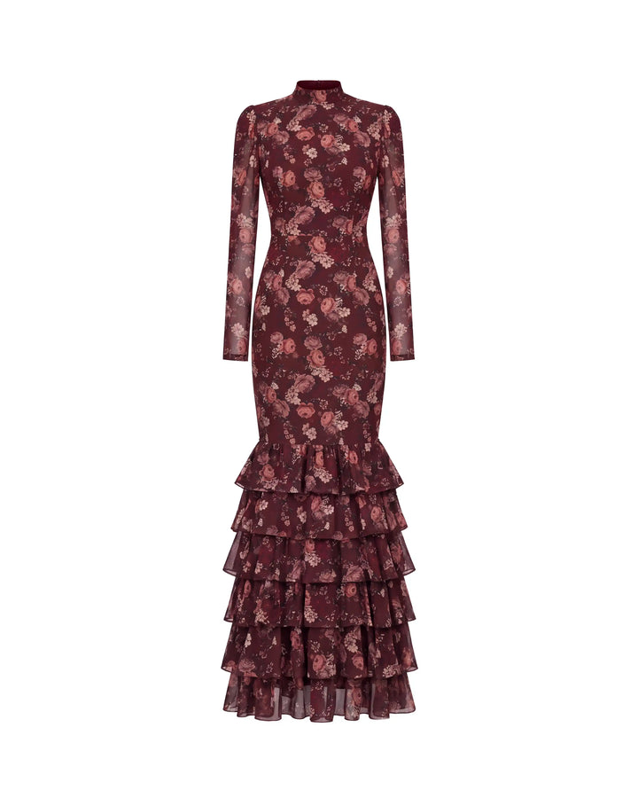 Rula maxi, burgundy chiffon maxi dress with multicolor flowers