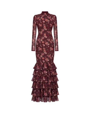 Rula maxi, burgundy chiffon maxi dress with multicolor flowers