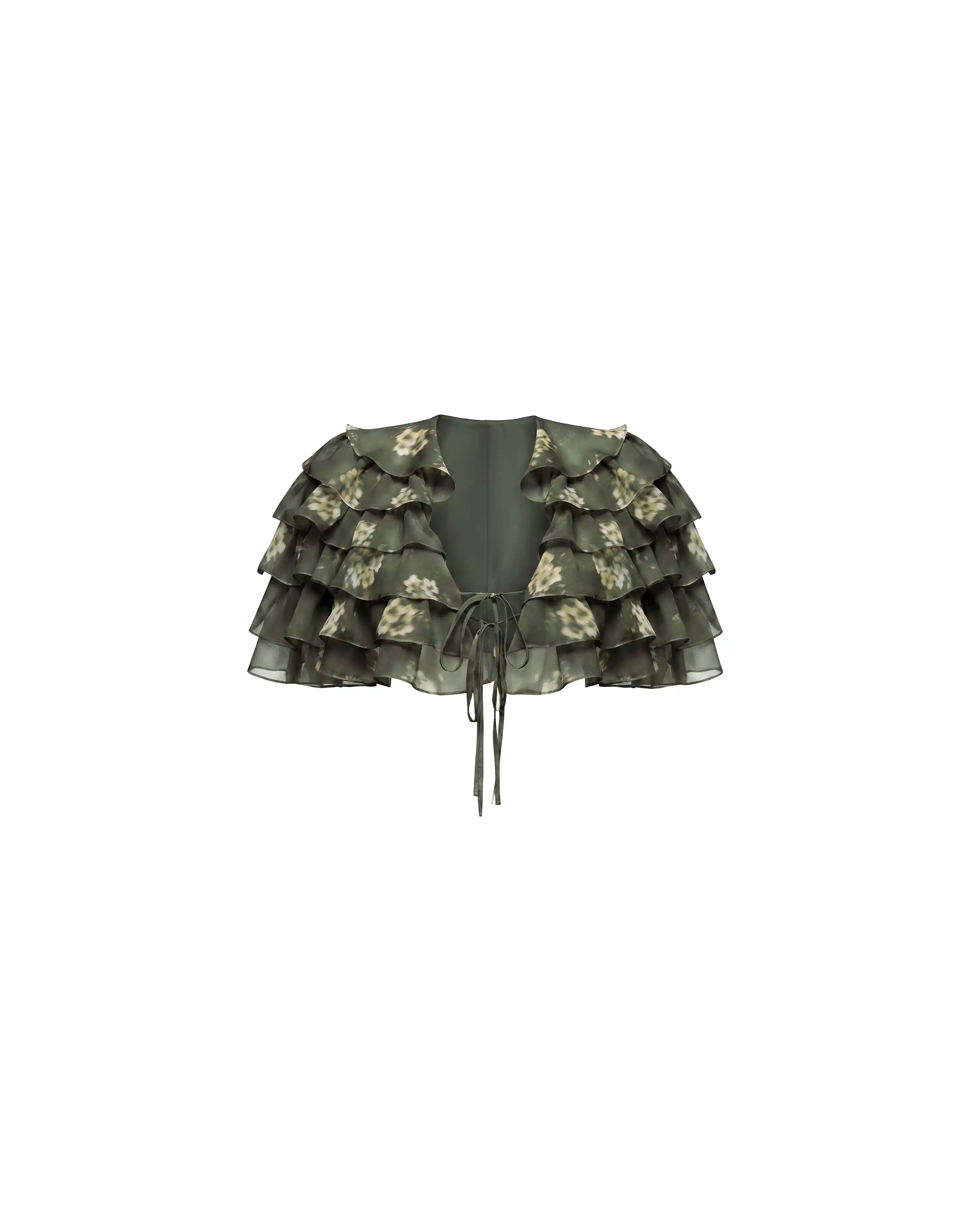 Muza, khaki chiffon crop top with ivory flowers