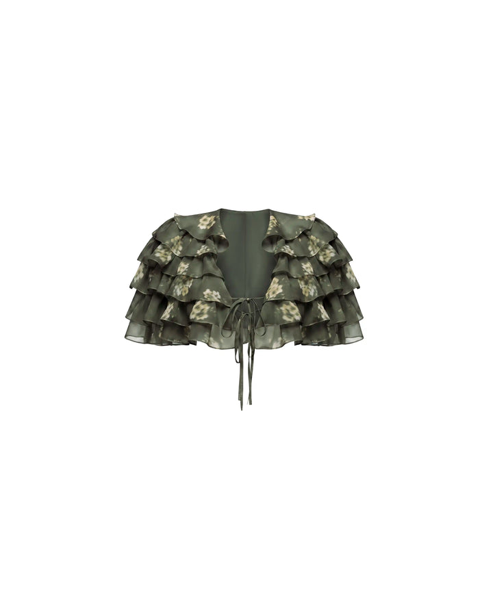 Muza, khaki chiffon crop top with ivory flowers