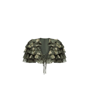 Muza, khaki chiffon crop top with ivory flowers