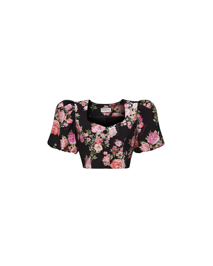 Chanelle, top in black crepe de chine with medium pink flowers
