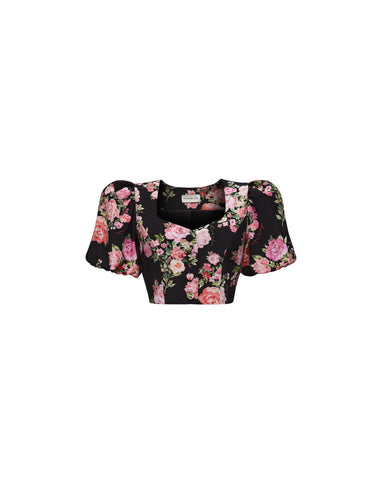 Chanelle, top in black crepe de chine with medium pink flowers