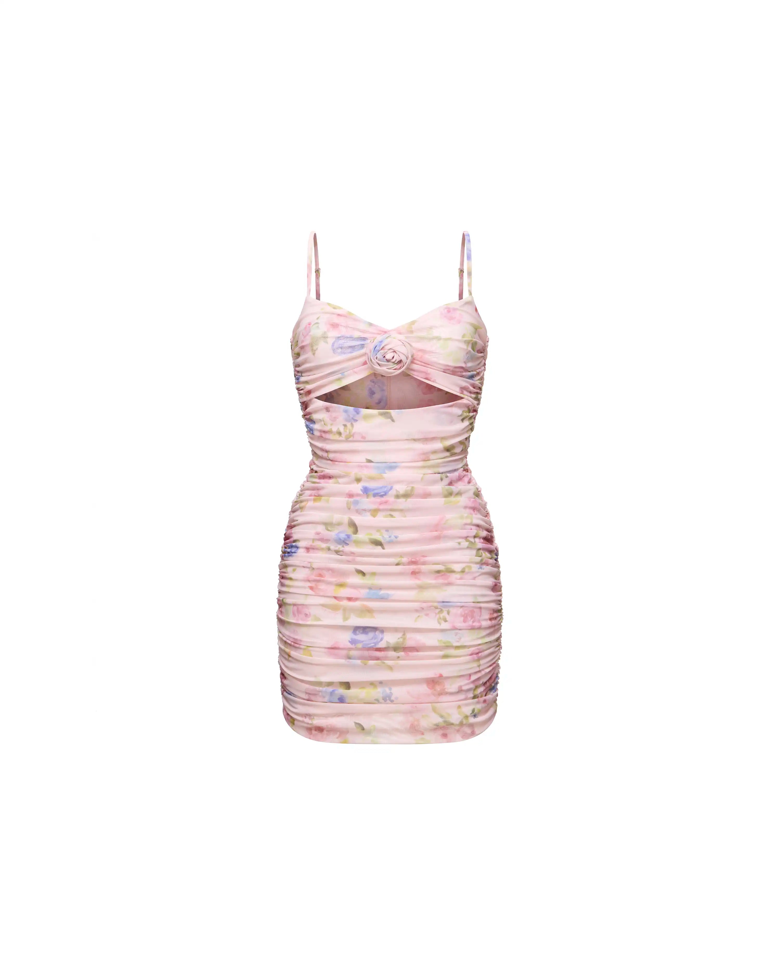 Nicole mini, mini dress in pink mesh with a floral print and rose