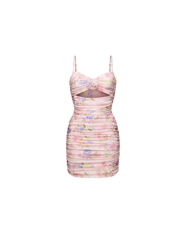 Nicole mini, mini dress in pink mesh with a floral print and rose
