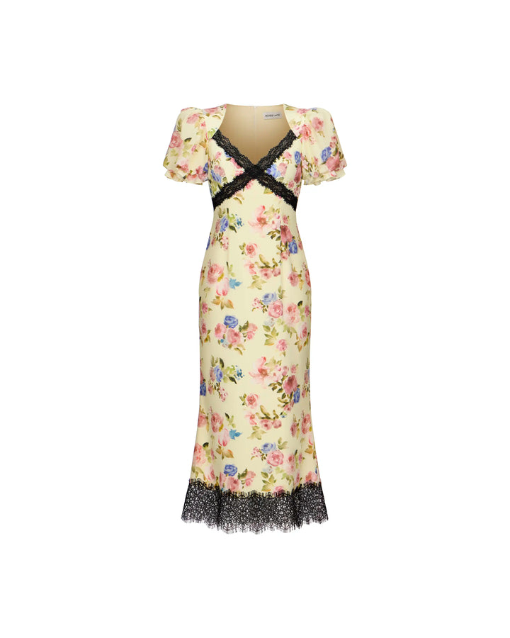 Penny midi, midi dress in pale yellow crepe de chine with a floral print