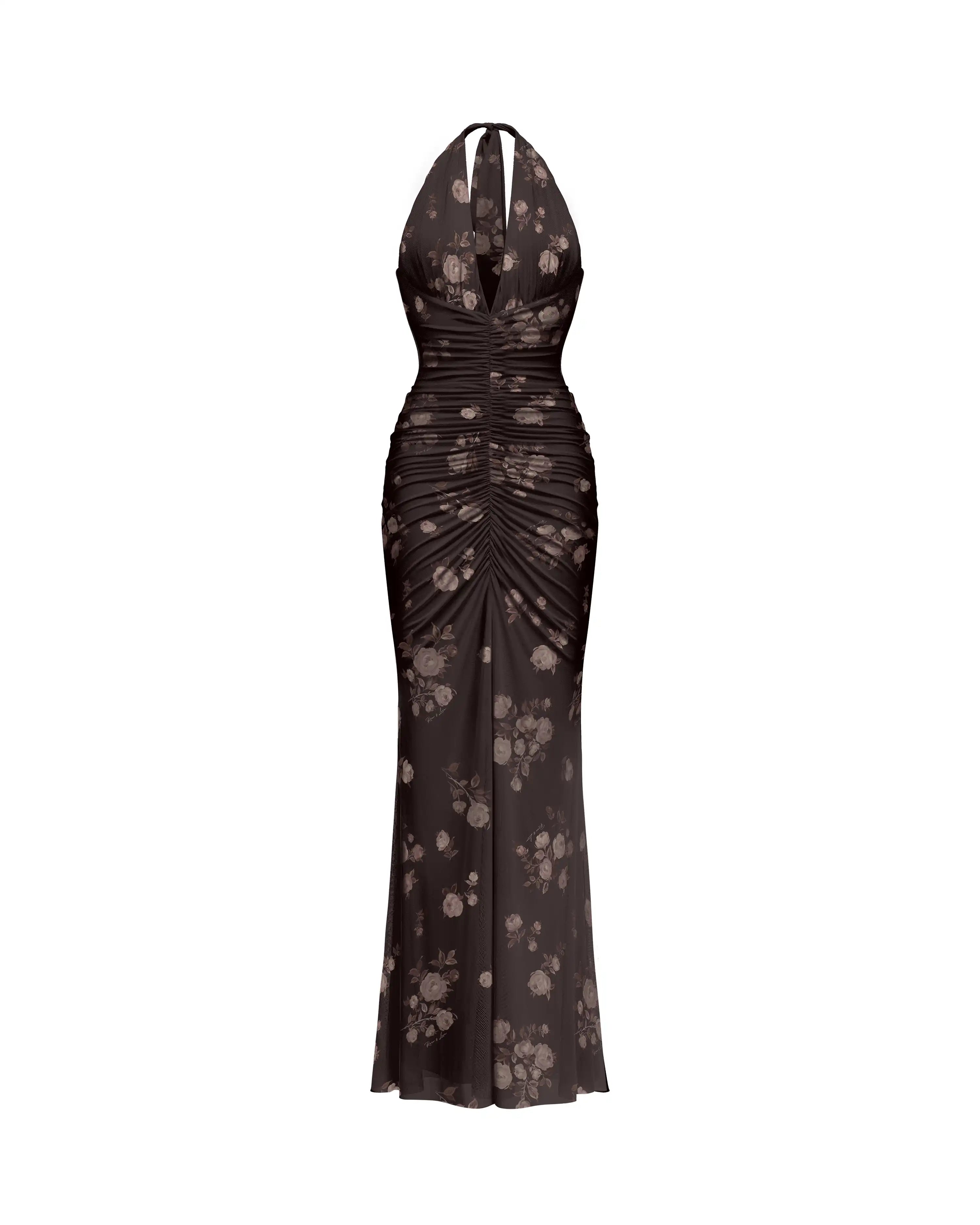 Luna maxi, maxi dress in chocolate mesh with a floral print