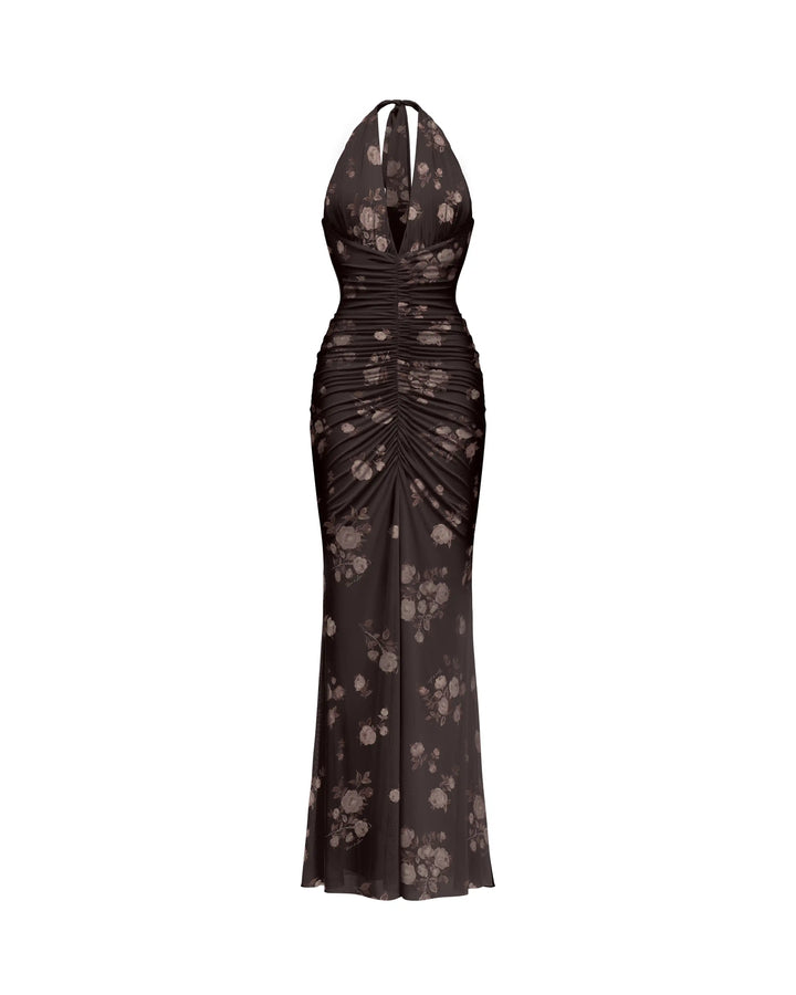 Luna maxi, maxi dress in chocolate mesh with a floral print