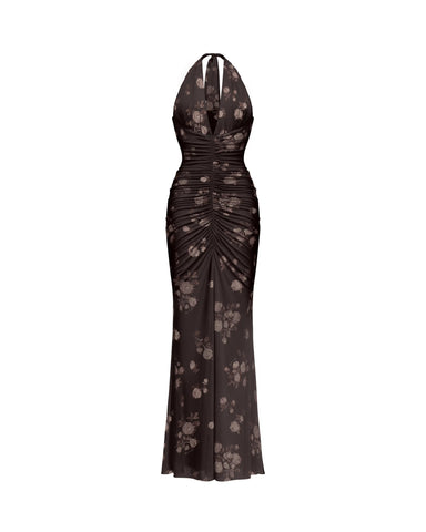 Luna maxi, maxi dress in chocolate mesh with a floral print