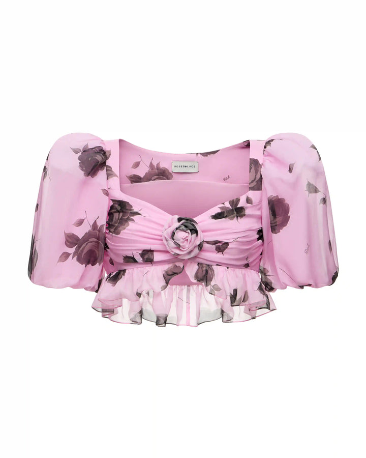 Melisa, crop top made of lilac chiffon with gray flowers