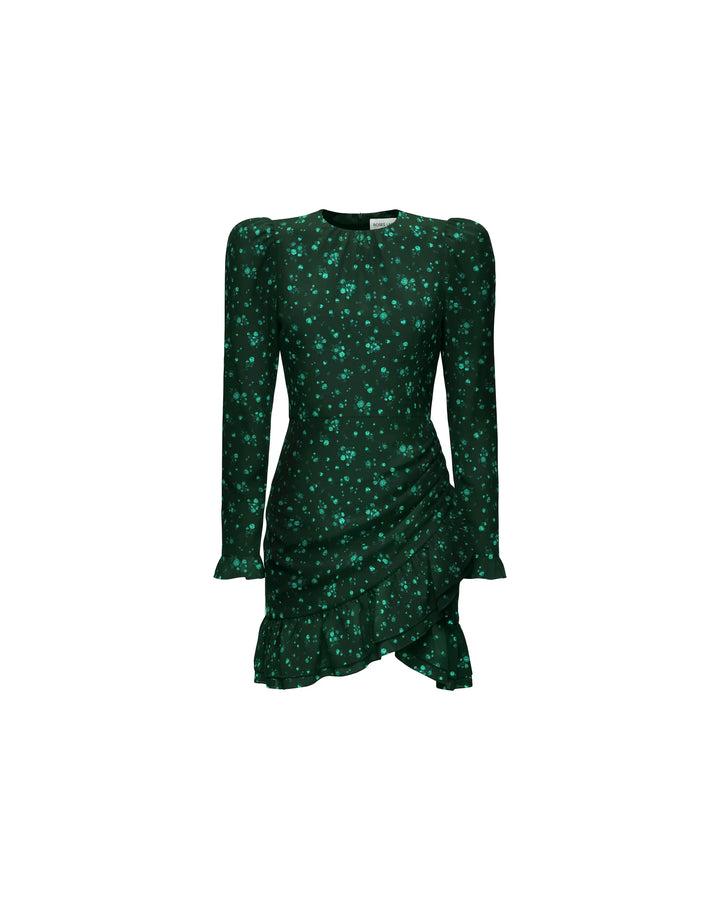 Charlotte mini, dark green crepe de chine mini dress with floral print