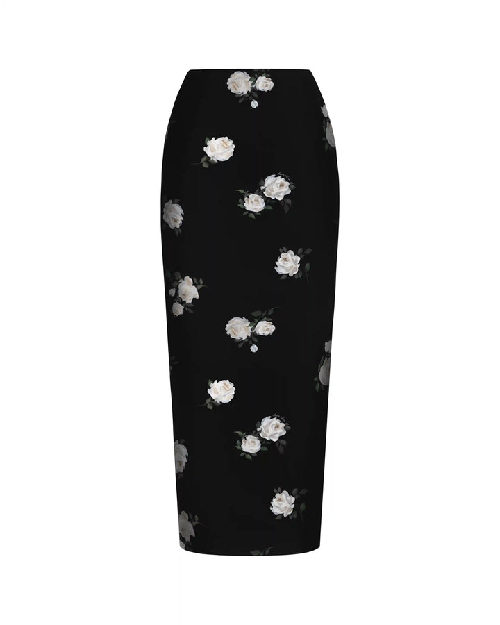 Adrianne, midi skirt made of black crepe de chine with floral print