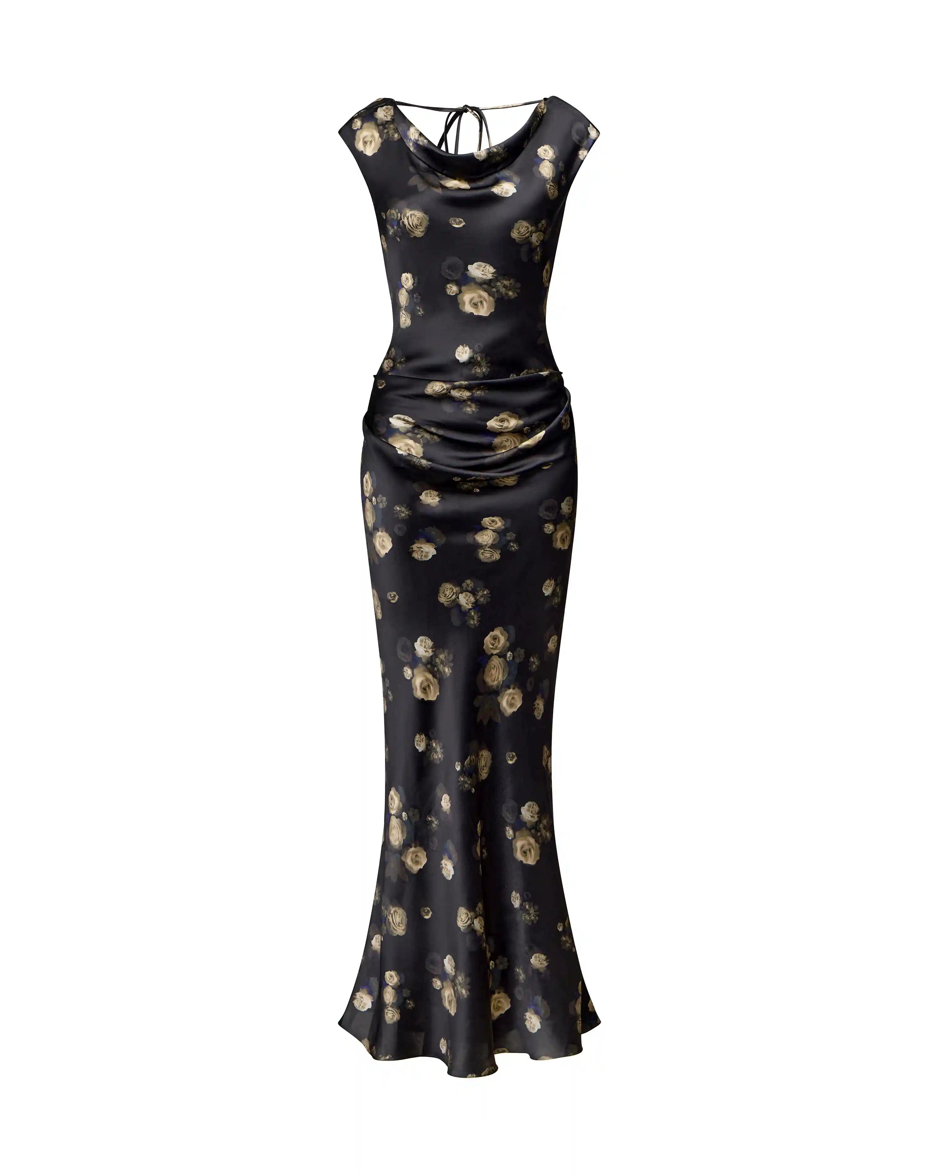 Lucy, maxi dress made of black satin with floral print