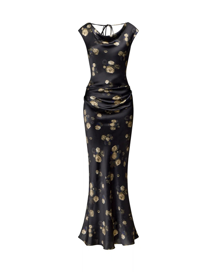 Lucy, maxi dress made of black satin with floral print