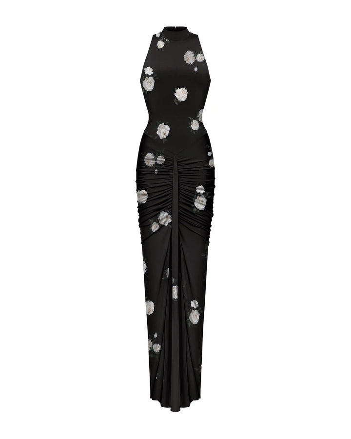 Ivy, maxi dress made of black biflex with floral print